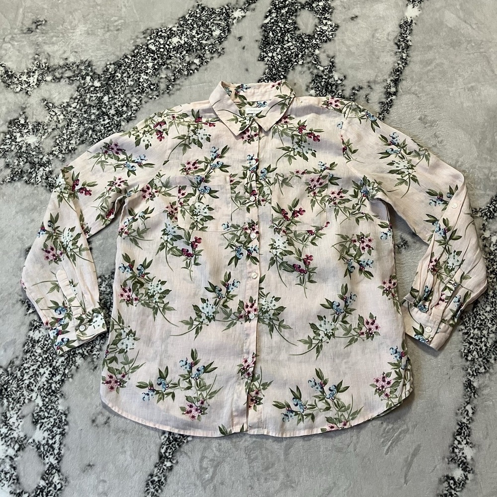 Charter Club 100% Linen Shirt Womens Size 14 Pink Floral Button Down Coastal